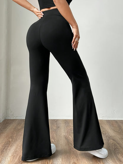 Women'S High-Waisted Flare Leg Pants, Tummy Control Stretchy Fitness Trousers, Polyester 95% Spandex 5% Knit Fabric, Solid Color All-Season Young Style, 180g/m² Weight