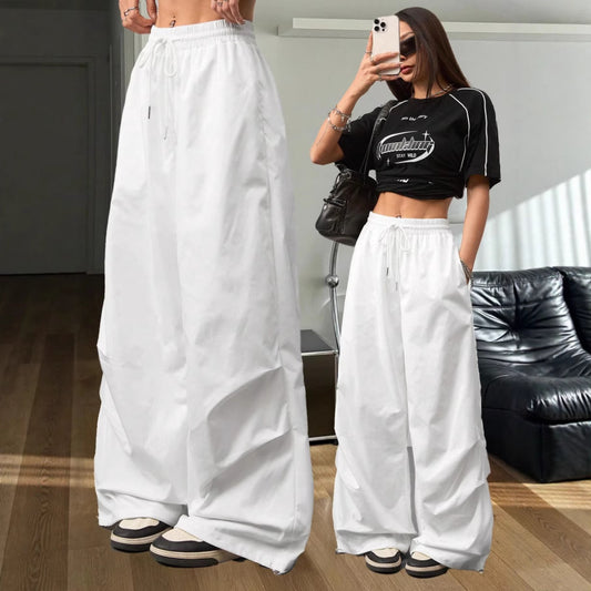 Drawstring Design Wide-Leg Sports Pants Women's Spring Straight Loose High-Waist Slim White Casual Pants