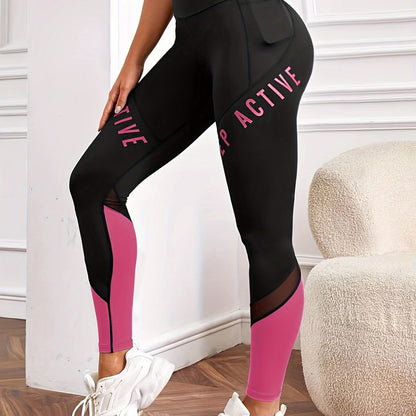 Women's High Waist Pocket Color-block Letter Print Casual Sports Skinny Yoga Leggings, Women's Sportswear & Clothing