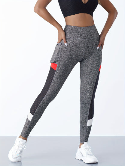 High Waist Pocketed Yoga Leggings, Polyester and Spandex Blend, Solid Color Sports Jegging with High Stretch, No Belt Design