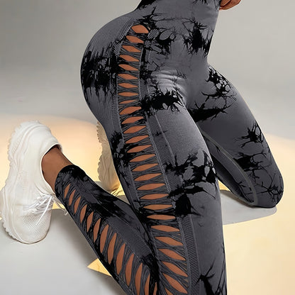 Women's High Waist Cut-Out Yoga Pants, Seamless Tie-Dye Hollow Out Hip Lift Fitness Leggings, Breathable Stretchy Workout Capris, Mature Style