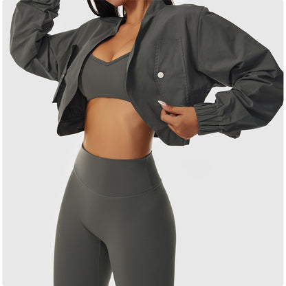 Long Sleeve Quick-Drying Sports Jacket Female Sun Protection Outside Shoulders Fitness Wear Standing Collar Casual Jacket Tight Yoga Tops - GabyFit Goods