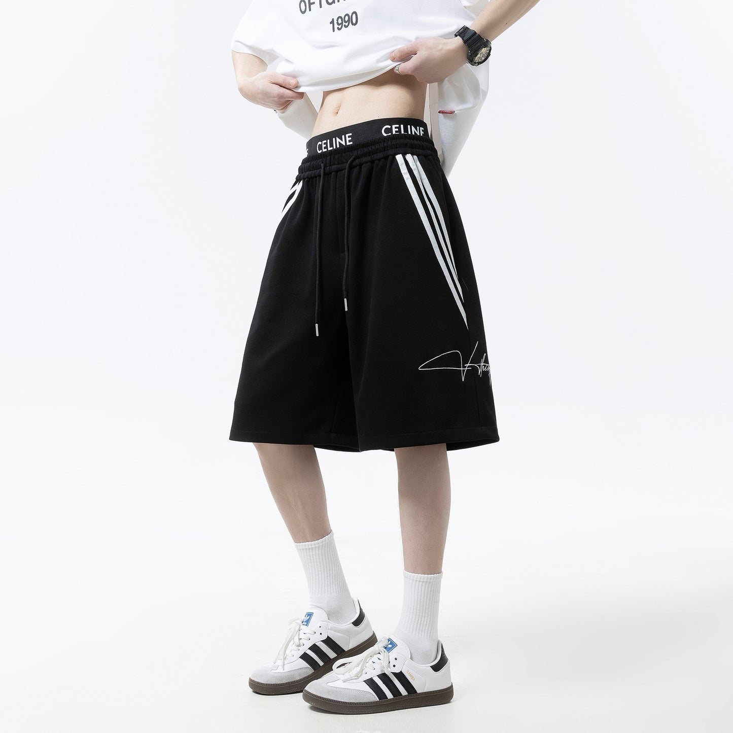 Striped sports shorts embroidered straight leg wide leg five quarter pants