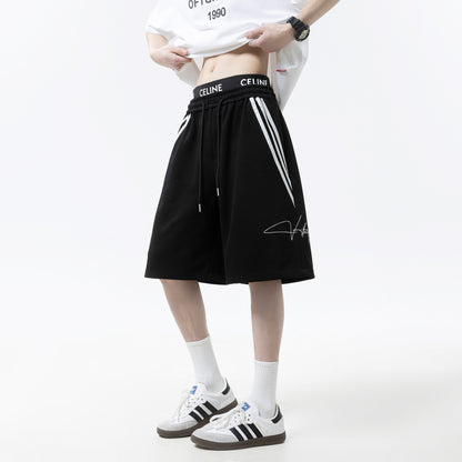 Striped sports shorts embroidered straight leg wide leg five quarter pants