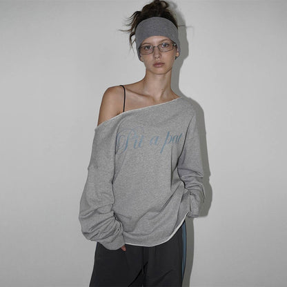 Sports Style Ins  Retro Lazy Off-Shoulder Loose Casual Top Long Sleeve Versatile T-Shirt