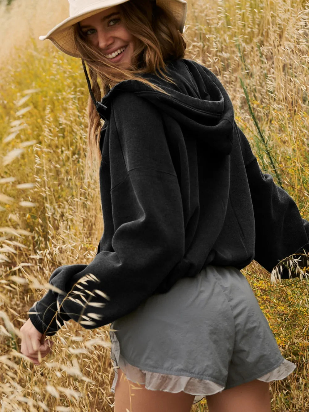 Sports hoodie zipper drawstring long sleeved top jacket