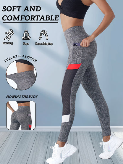 High Waist Pocketed Yoga Leggings, Polyester and Spandex Blend, Solid Color Sports Jegging with High Stretch, No Belt Design