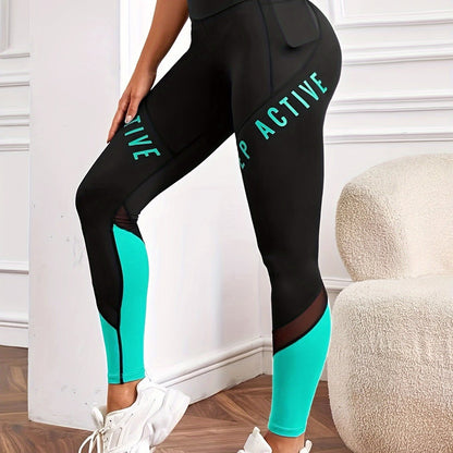 Women's High Waist Pocket Color-block Letter Print Casual Sports Skinny Yoga Leggings, Women's Sportswear & Clothing
