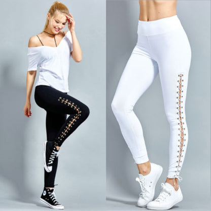 Women High Waist Fitness Leggings Lace Up Black White Solid Trousers