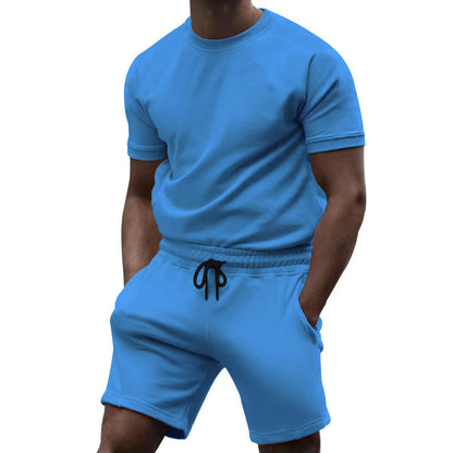 Summer men's short sleeved sports and leisure patchwork round neck fitness suit