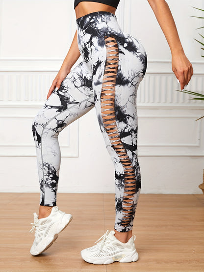 Women's High Waist Cut-Out Yoga Pants, Seamless Tie-Dye Hollow Out Hip Lift Fitness Leggings, Breathable Stretchy Workout Capris, Mature Style