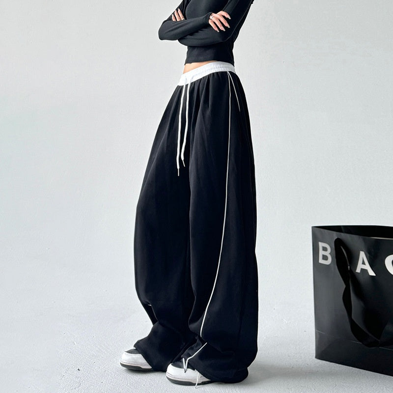 Retro black sports drape wide leg pants