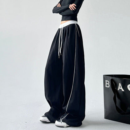 Retro black sports drape wide leg pants
