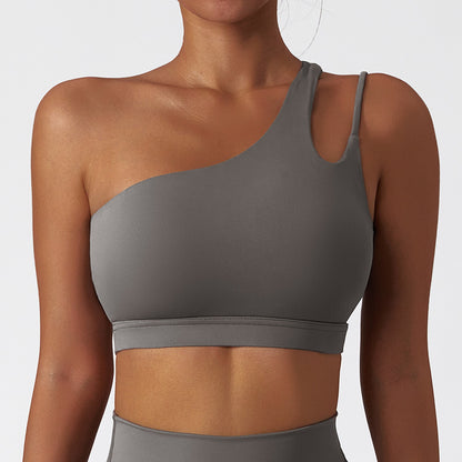 Oblique one-shoulder shock-proof yoga bra, cloud-like beautiful back sports bra, irregular shoulder straps, running fitness vest - GabyFit Goods