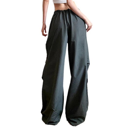 Street Retro Hip Hop Sports Casual Pants for Women Elastic High Waist Slim Fit Pockets Spliced Straight Leg Woven Trousers