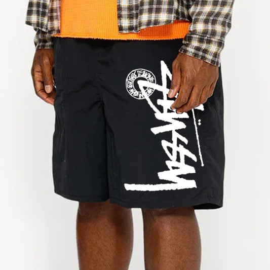 Summer Quick-Dry Loose Beach Pants with Seaside Print, Plus Size Fitness Hip-Hop Shorts