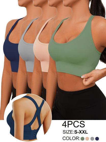 4pcs EssElegance Seamless Sports Bras for Women - Adjustable, Comfortable & Breathable with Crisscross Back Straps, Shockproof Support for Yoga & Workouts in Navy, Beige, Gray, & Green