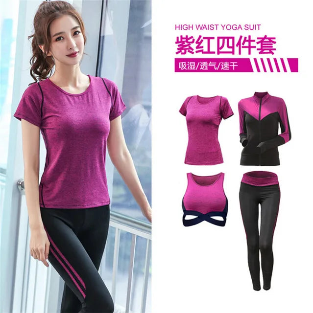 5 pieces sets coat+t shirt+bra+shorts+leggings women yoga clothing quick dry outdoor sports running fitness gym ropa deportiva