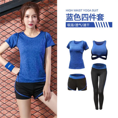 5 pieces sets coat+t shirt+bra+shorts+leggings women yoga clothing quick dry outdoor sports running fitness gym ropa deportiva