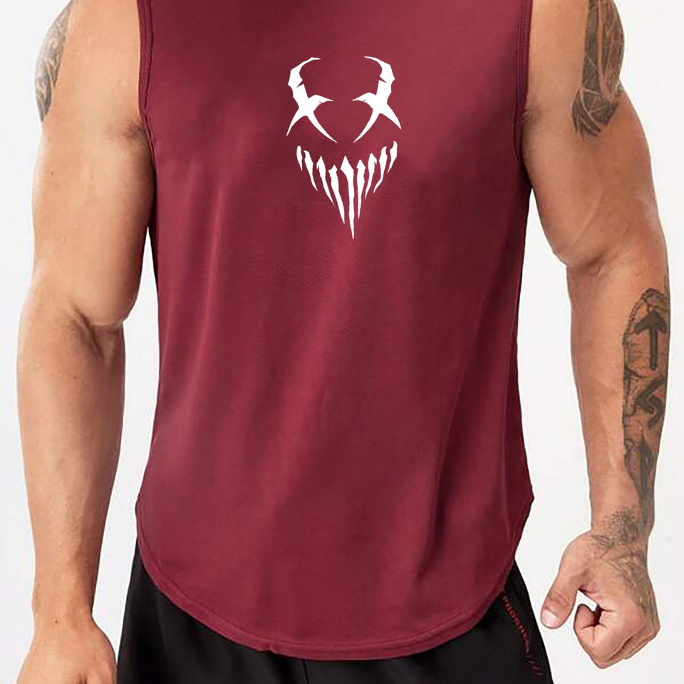 Devil Face Pattern Comfy Breathable Tank Top, Men's Casual Stretch Sleeveless T-shirt For Summer Gym Workout Training Basketball