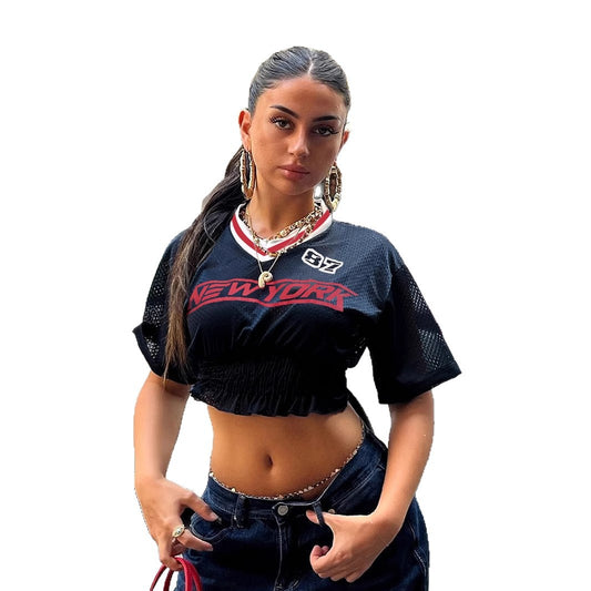 Street Style Quick-Dry Breathable Mesh V-Neck Sports Top Biker Spicy Girl High-Waist Short Casual Printed Top