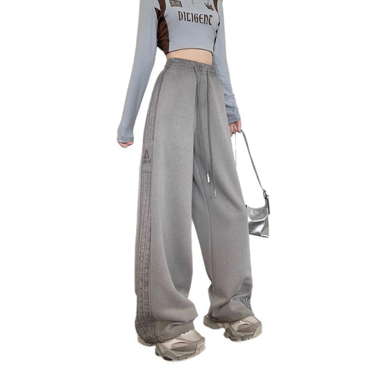 Spliced Striped Webbing Straight-Leg Sports Sweatpants for Women High-Street INS Loose Wide-Leg Casual Trousers