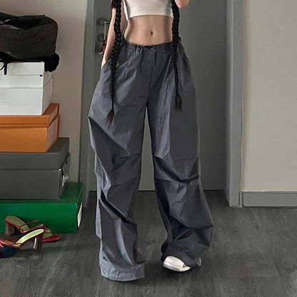Street Retro Hip Hop Sports Casual Pants for Women Elastic High Waist Slim Fit Pockets Spliced Straight Leg Woven Trousers