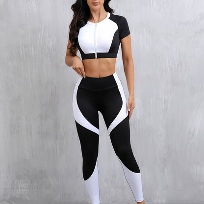 1set Women's High Waist Sports Yoga Outfit, Short Sleeve Round Neck Zippered Polyester Knit Leggings and Crop Top Set, Stretchy Solid Color Athletic Wear for All Seasons