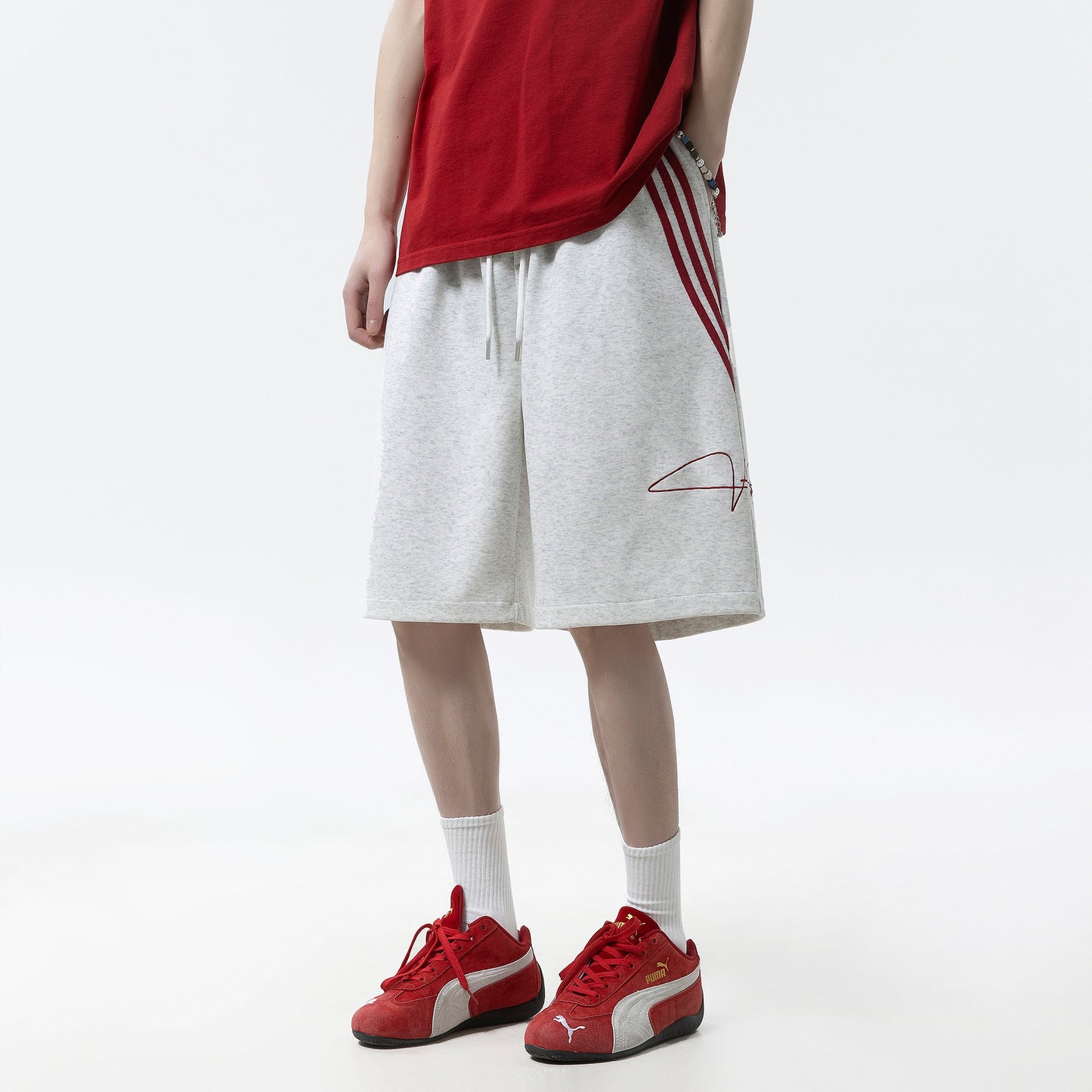 Striped sports shorts embroidered straight leg wide leg five quarter pants