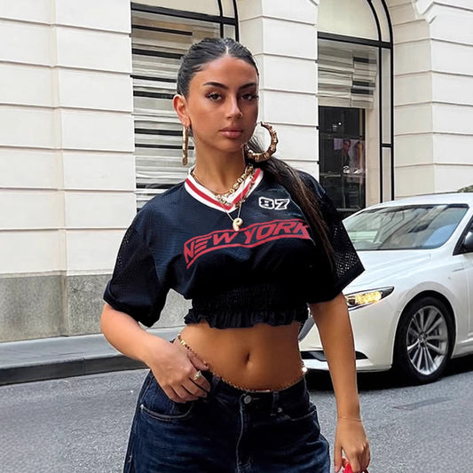 Street Style Quick-Dry Breathable Mesh V-Neck Sports Top Biker Spicy Girl High-Waist Short Casual Printed Top