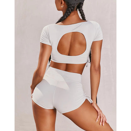 New Square Neck Open Back Sexy Tight Shorts Suit Sports Women's T-Shirt 2 Piece Set - GabyFit Goods