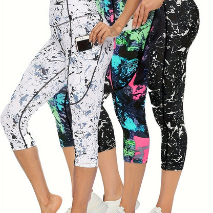 3 Pcs Women's Graffiti Printed Yoga Capris Pants, High Elasticity, Tight Fit, Butt Lifting, Athletic Leggings For Fitness