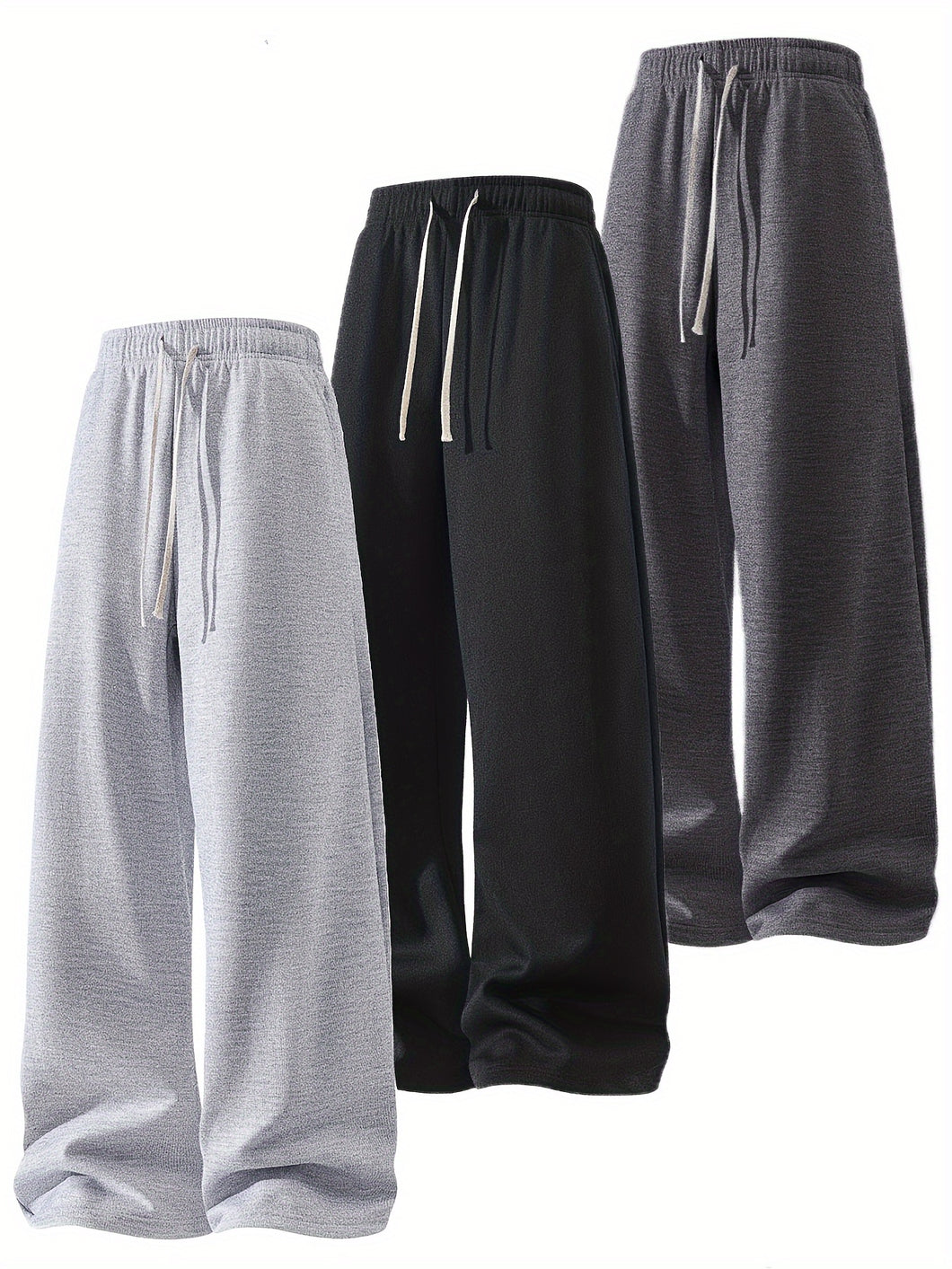 A Set of Three Solid Color Men'S Loose Straight-Leg Long Pants, Suitable for Spring And Autumn Fitness Activities - Made from Soft, Slightly Stretchy Knitted Fabric, Featuring a Drawstring Waist, Ideal for Outdoor Leisure And