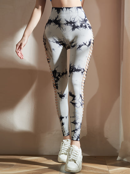Women's High Waist Cut-Out Yoga Pants, Seamless Tie-Dye Hollow Out Hip Lift Fitness Leggings, Breathable Stretchy Workout Capris, Mature Style