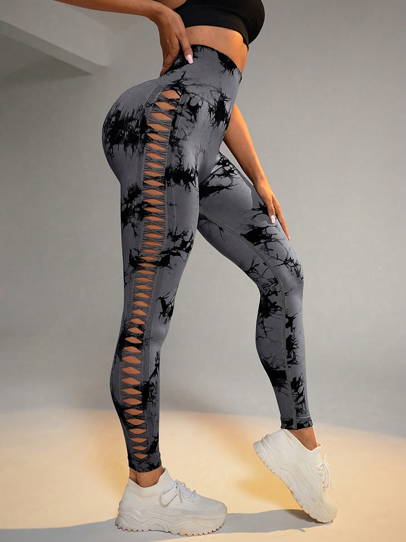 Women's High Waist Cut-Out Yoga Pants, Seamless Tie-Dye Hollow Out Hip Lift Fitness Leggings, Breathable Stretchy Workout Capris, Mature Style
