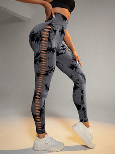 Women's High Waist Cut-Out Yoga Pants, Seamless Tie-Dye Hollow Out Hip Lift Fitness Leggings, Breathable Stretchy Workout Capris, Mature Style