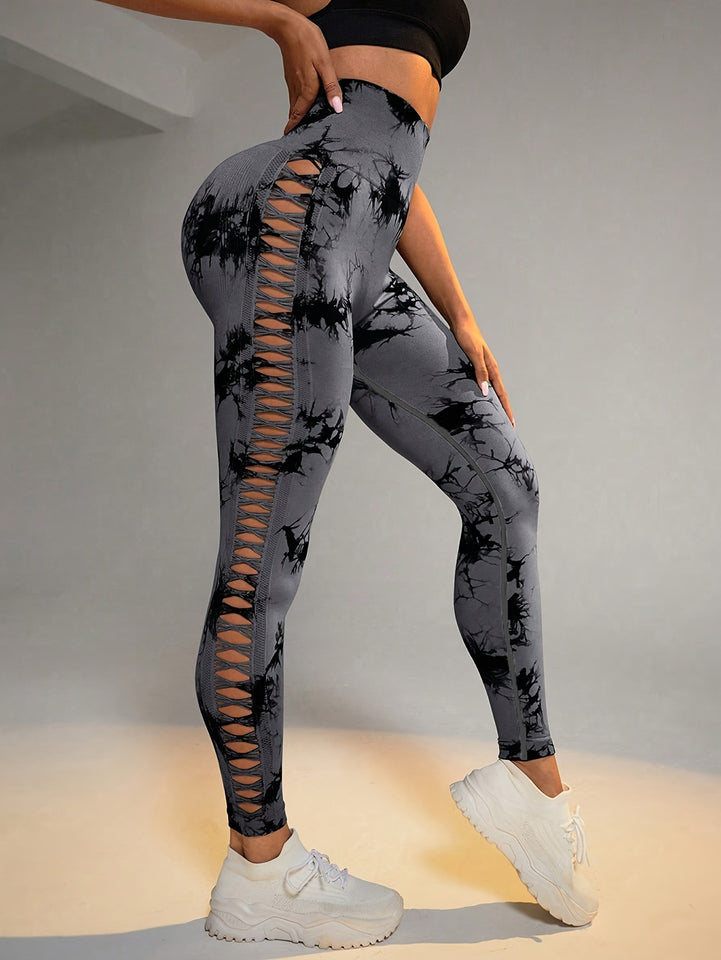 Women's High Waist Cut-Out Yoga Pants, Seamless Tie-Dye Hollow Out Hip Lift Fitness Leggings, Breathable Stretchy Workout Capris, Mature Style