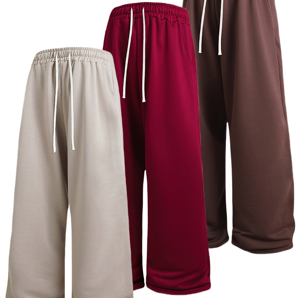 A Set of Three Solid Color Men'S Loose Straight-Leg Long Pants, Suitable for Spring And Autumn Fitness Activities - Made from Soft, Slightly Stretchy Knitted Fabric, Featuring a Drawstring Waist, Ideal for Outdoor Leisure And