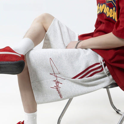 Striped sports shorts embroidered straight leg wide leg five quarter pants