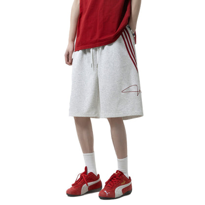Striped sports shorts embroidered straight leg wide leg five quarter pants