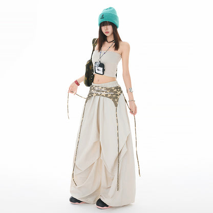 Women's Pants Casual Trousers with Pleated Design Wide-Leg Jazz Dance Long Pants