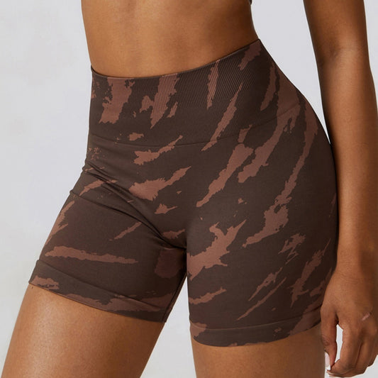 Seamless tie-dye zebra print fitness shorts with high waist, hip-raising, elastic and tight three-point fitness shorts