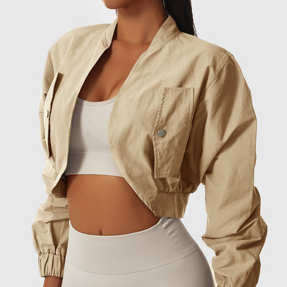 Long Sleeve Quick-Drying Sports Jacket Female Sun Protection Outside Shoulders Fitness Wear Standing Collar Casual Jacket Tight Yoga Tops - GabyFit Goods