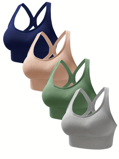 4pcs EssElegance Seamless Sports Bras for Women - Adjustable, Comfortable & Breathable with Crisscross Back Straps, Shockproof Support for Yoga & Workouts in Navy, Beige, Gray, & Green