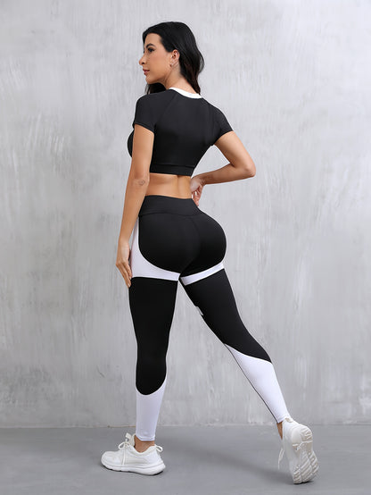 1set Women's High Waist Sports Yoga Outfit, Short Sleeve Round Neck Zippered Polyester Knit Leggings and Crop Top Set, Stretchy Solid Color Athletic Wear for All Seasons