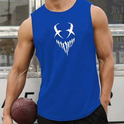 Devil Face Pattern Comfy Breathable Tank Top, Men's Casual Stretch Sleeveless T-shirt For Summer Gym Workout Training Basketball