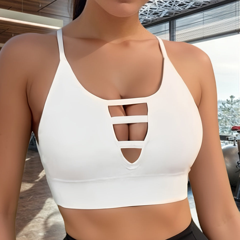 Front Hollow Out High Elastic Sports Bra, High Intensity Shockproof Seamless Fitness Tank Top, Backless Breathable Yoga Bra
