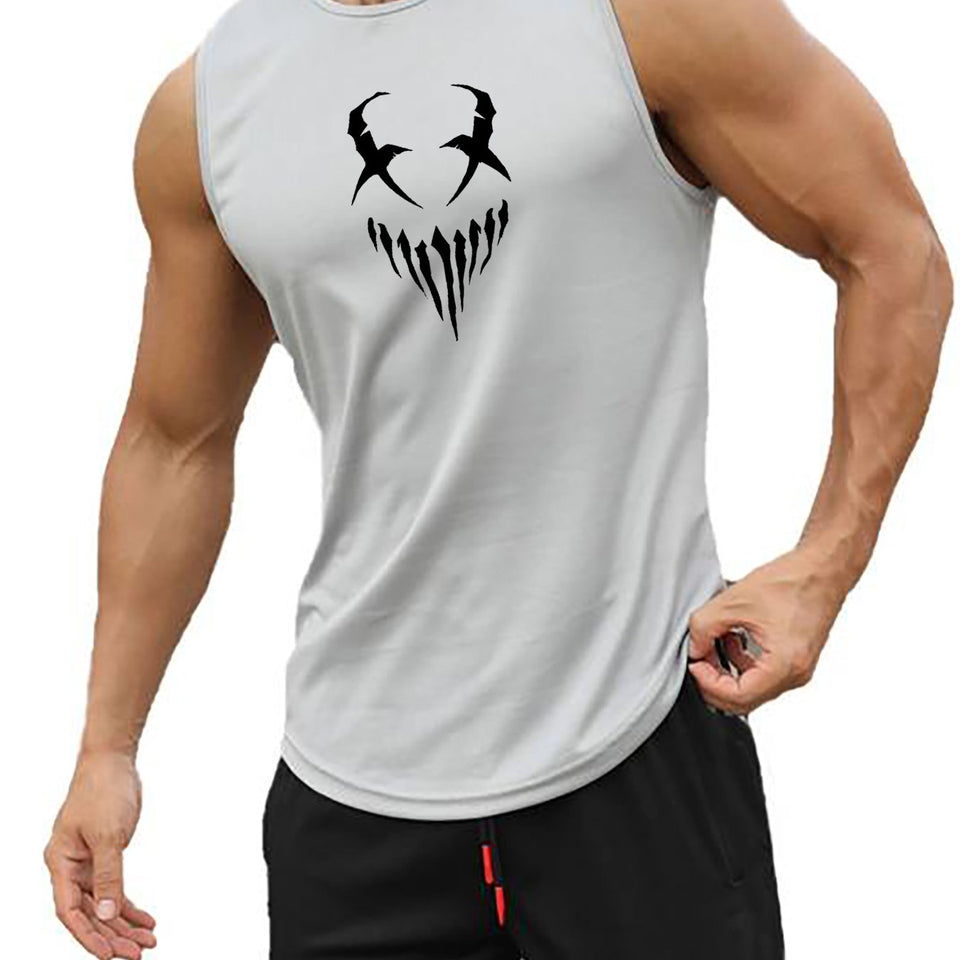 Devil Face Pattern Comfy Breathable Tank Top, Men's Casual Stretch Sleeveless T-shirt For Summer Gym Workout Training Basketball