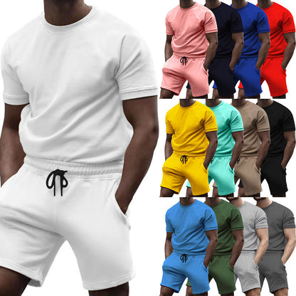 Summer men's short sleeved sports and leisure patchwork round neck fitness suit