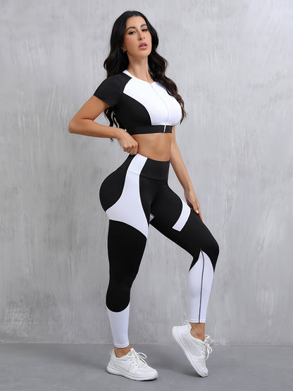 1set Women's High Waist Sports Yoga Outfit, Short Sleeve Round Neck Zippered Polyester Knit Leggings and Crop Top Set, Stretchy Solid Color Athletic Wear for All Seasons